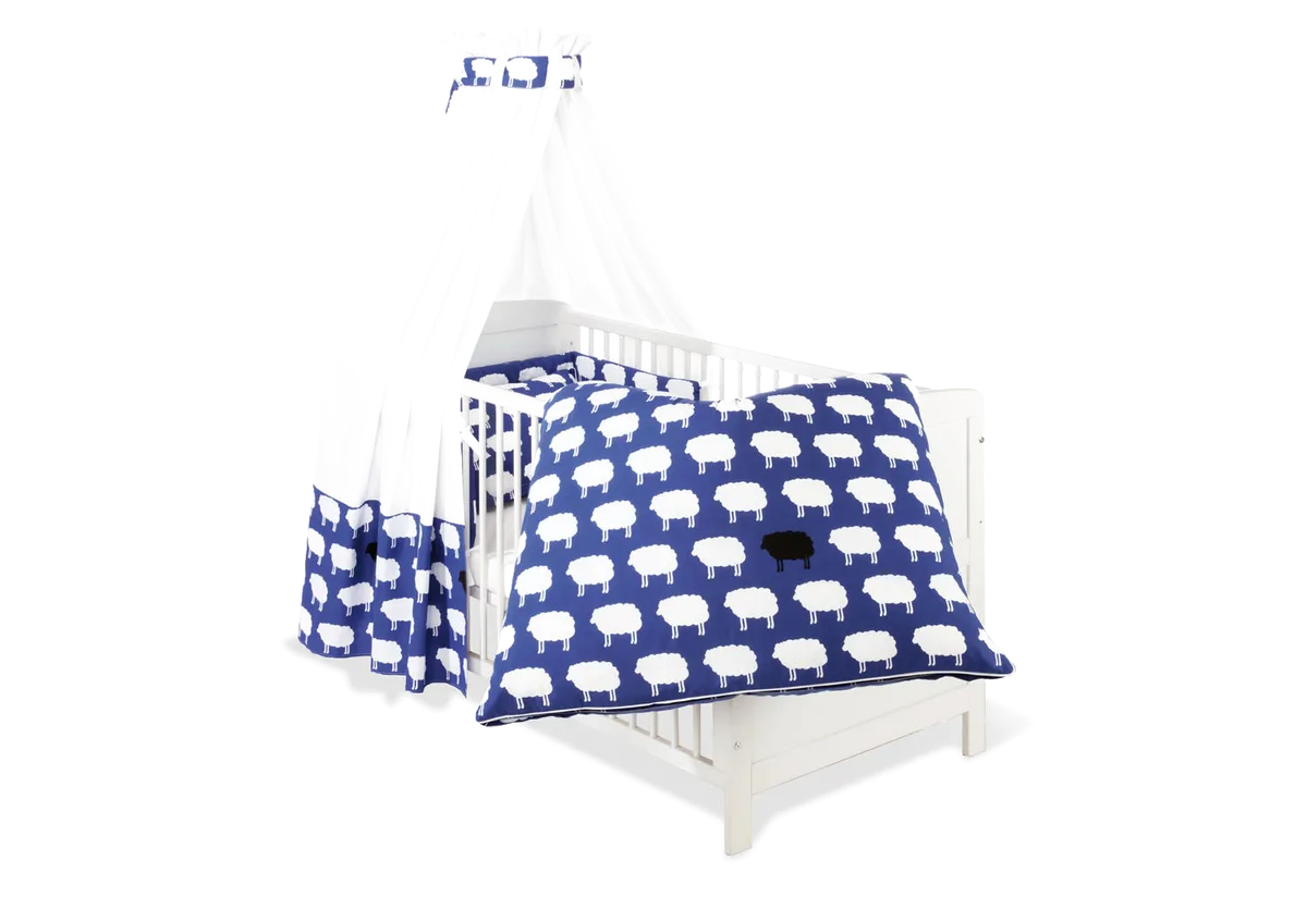 Pinolino Tekstil Udstyr til Tremme-/Babyseng (4 dele), Happy Sheep/Blå - billede 1